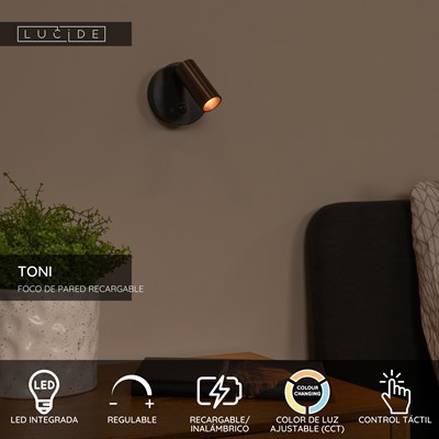 Lucide TONI - Foco de pared / Lámpara de pared Recargable - Batería/acumulador - Ø 8,1 cm - LED Regul. - CCT - 1x2W 2700K/4000K - Sensor movimiento (desactivable) - Magnético - Hierro gris